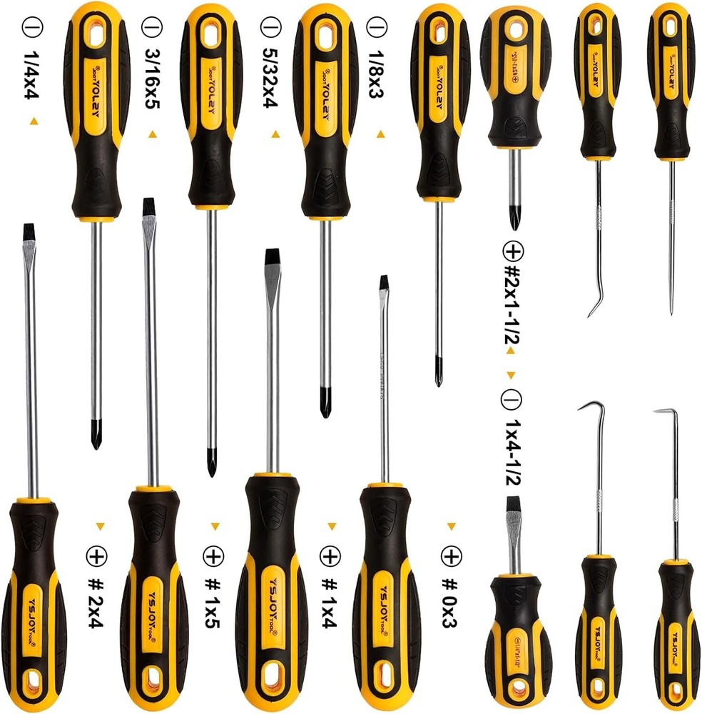 14-Piece Magnetic Screwdriver Set, 5 Phillips and 5 Flat Tips with 4 Pick & Hook