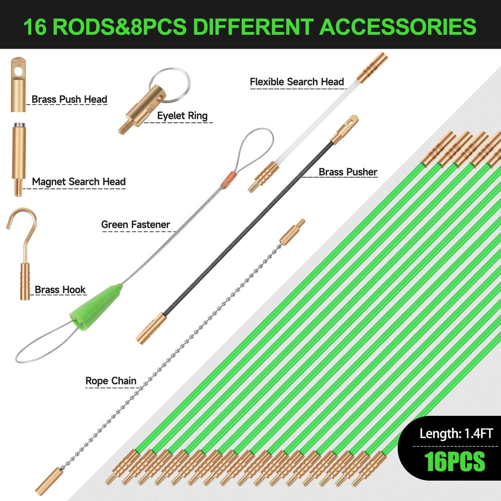 22FT Fiberglass Running Electrical Wire Cable Glow Rods Wire Pulling, Fish Rods