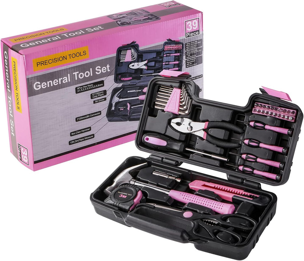 39 Piece All Purpose Basic Household Pink Tool Kit for Women - Small Tool Set wi