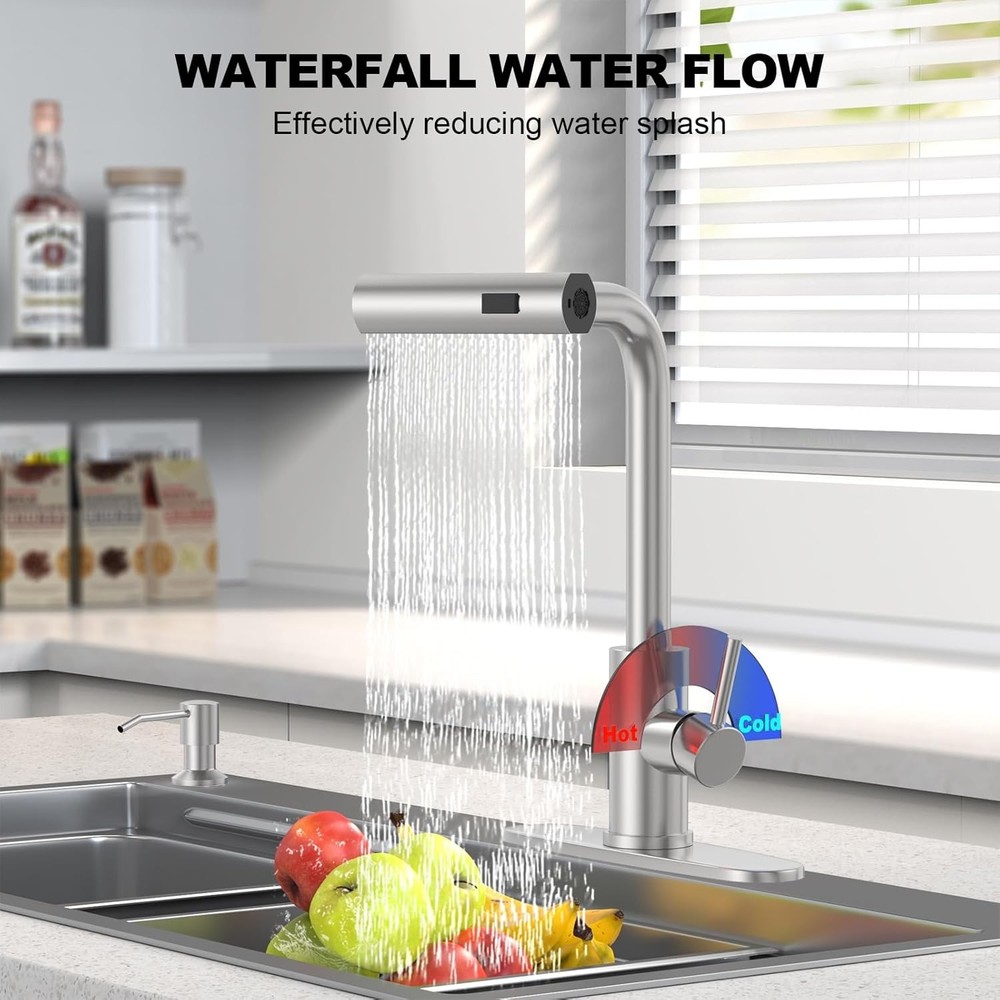 Touch On Brushed Nickel Kitchen Faucet with Waterfall Design & Pull Down Sprayer