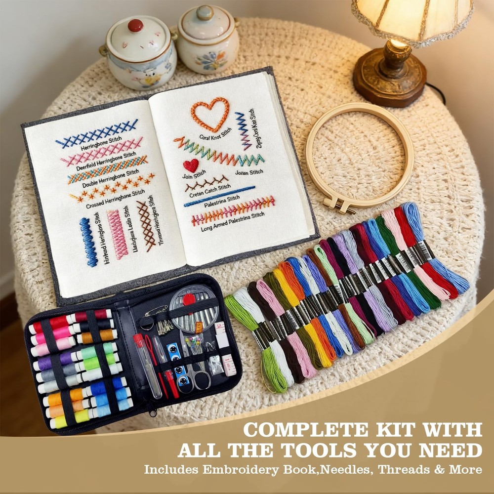 Portable Embroidery Kit 106 Patterns w/ Tools 86pc Sewing Set Beginner DIY