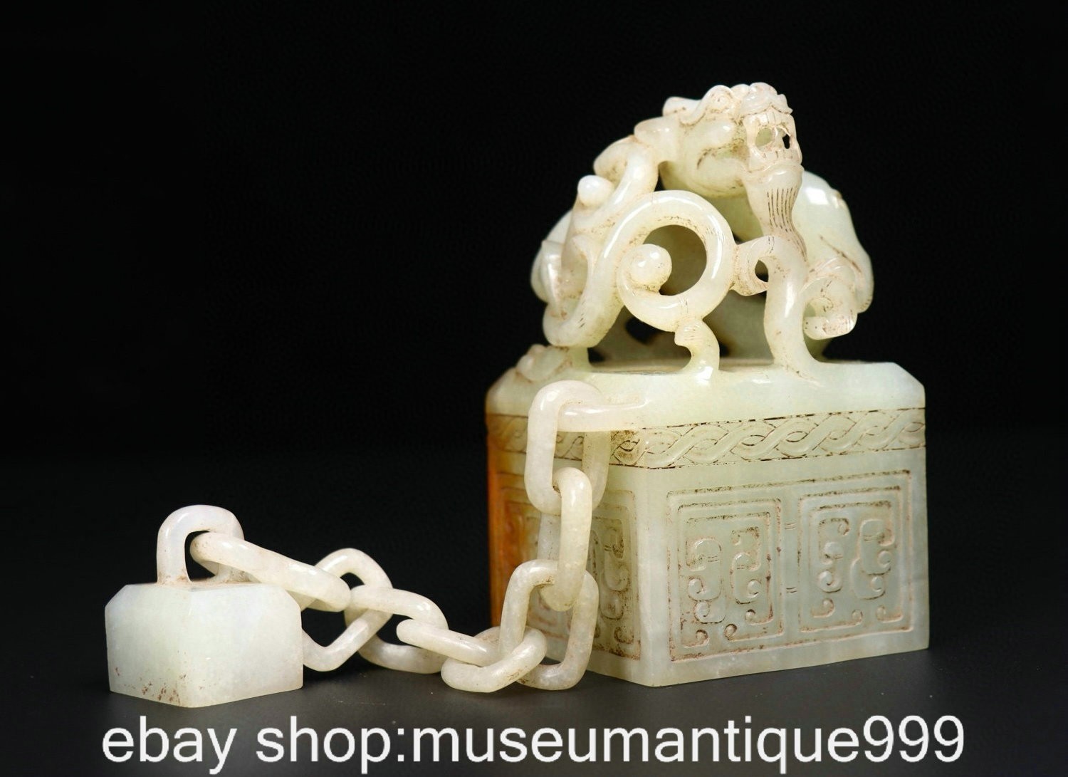 3.8" Old Chinese Hetian White Jade Carving Dragon Beast Seal Stamp Signet Set