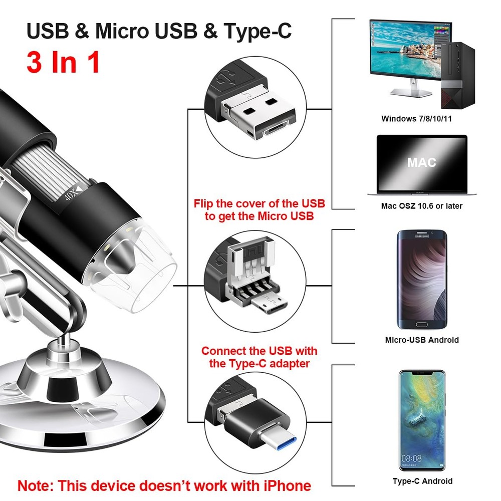 USB Microscope Camera with Stand & Carrying Case, Cainda Digital Microscope C...