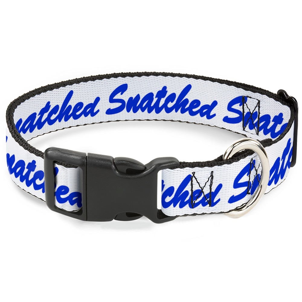 Plastic Clip Collar SNATCHED Script  White/Blue WIDE-Small 13-17"