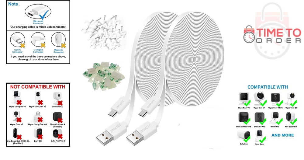 2Pack 20FT Waterproof Micro USB Power Extension Cable for Security Cameras