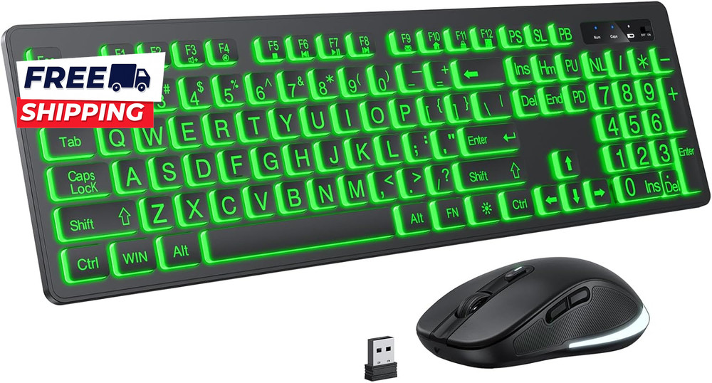 Large Print Wireless Keyboard and Mouse  7 Colors Backlit Keyboard