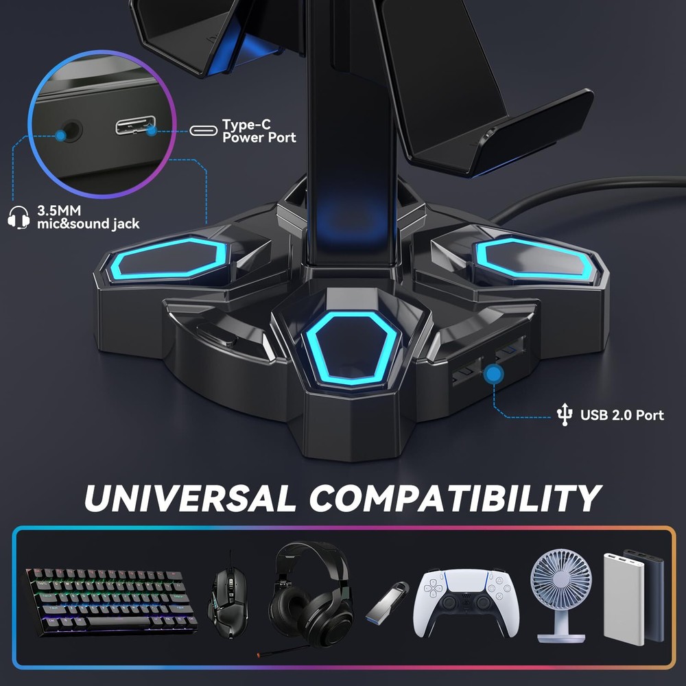 Gaming Headphone Stand Rotatable Light Modes with USB Ports & Controller Holder