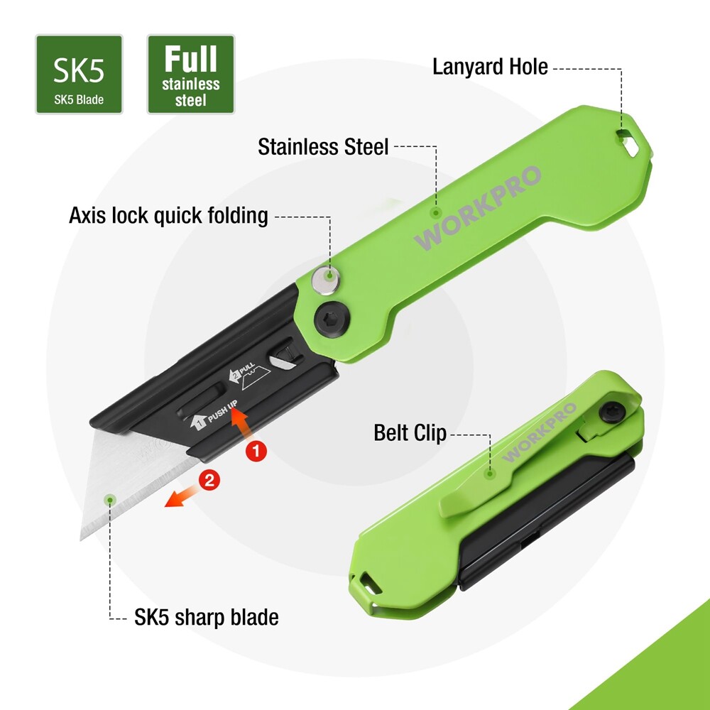 WORKPRO 2PC Mini Folding Utility Knife Box Cutter Quick Change Blade Razor Knife