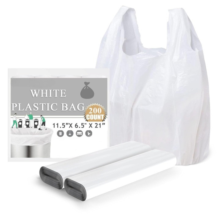 200 White Plastic Shopping Bags Handles Grocery T-Shirt Bag Bulk Heavy Duty