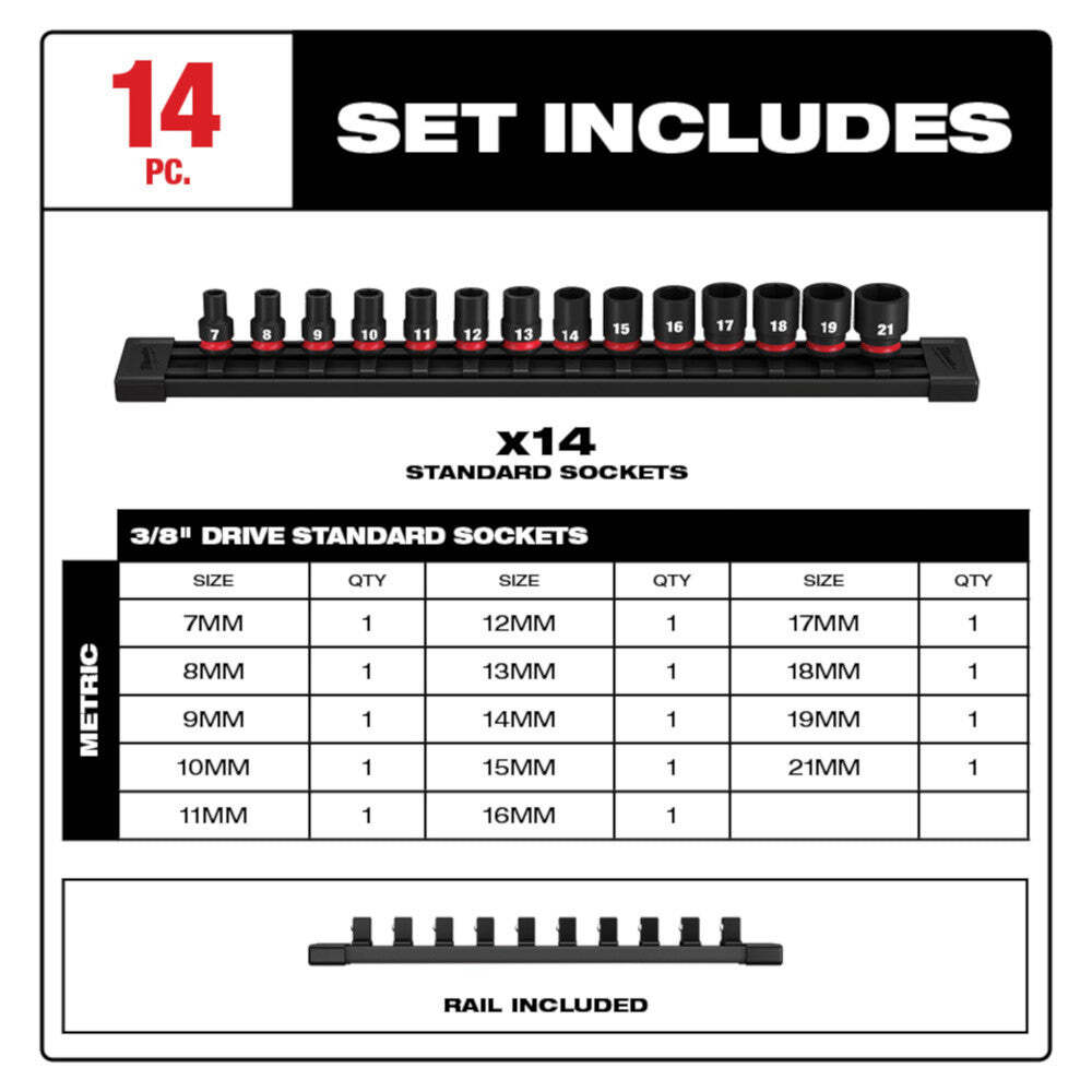 Milwaukee 49-66-7007 3/8" Drive Metric Standard Impact Socket Set - 14 PC