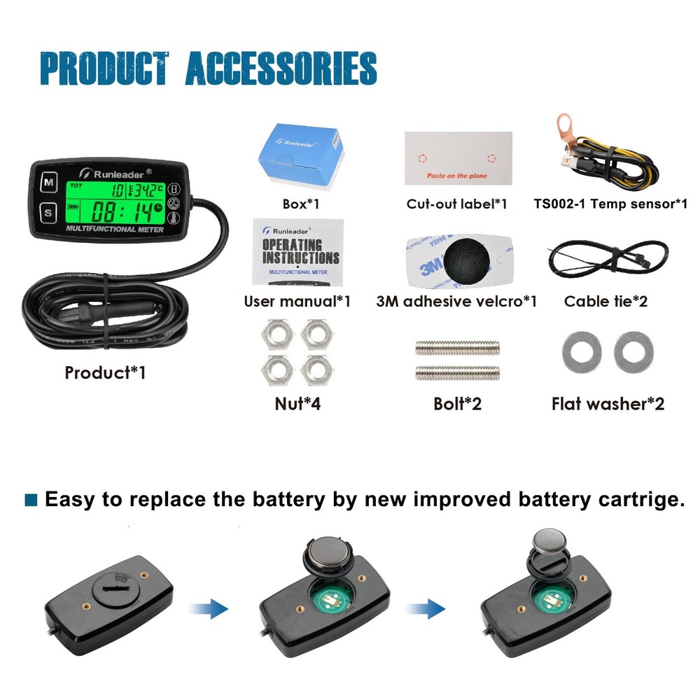 Runleader Digital Tach Hour Meter,Engine Temperature RL-HM035A-TS002