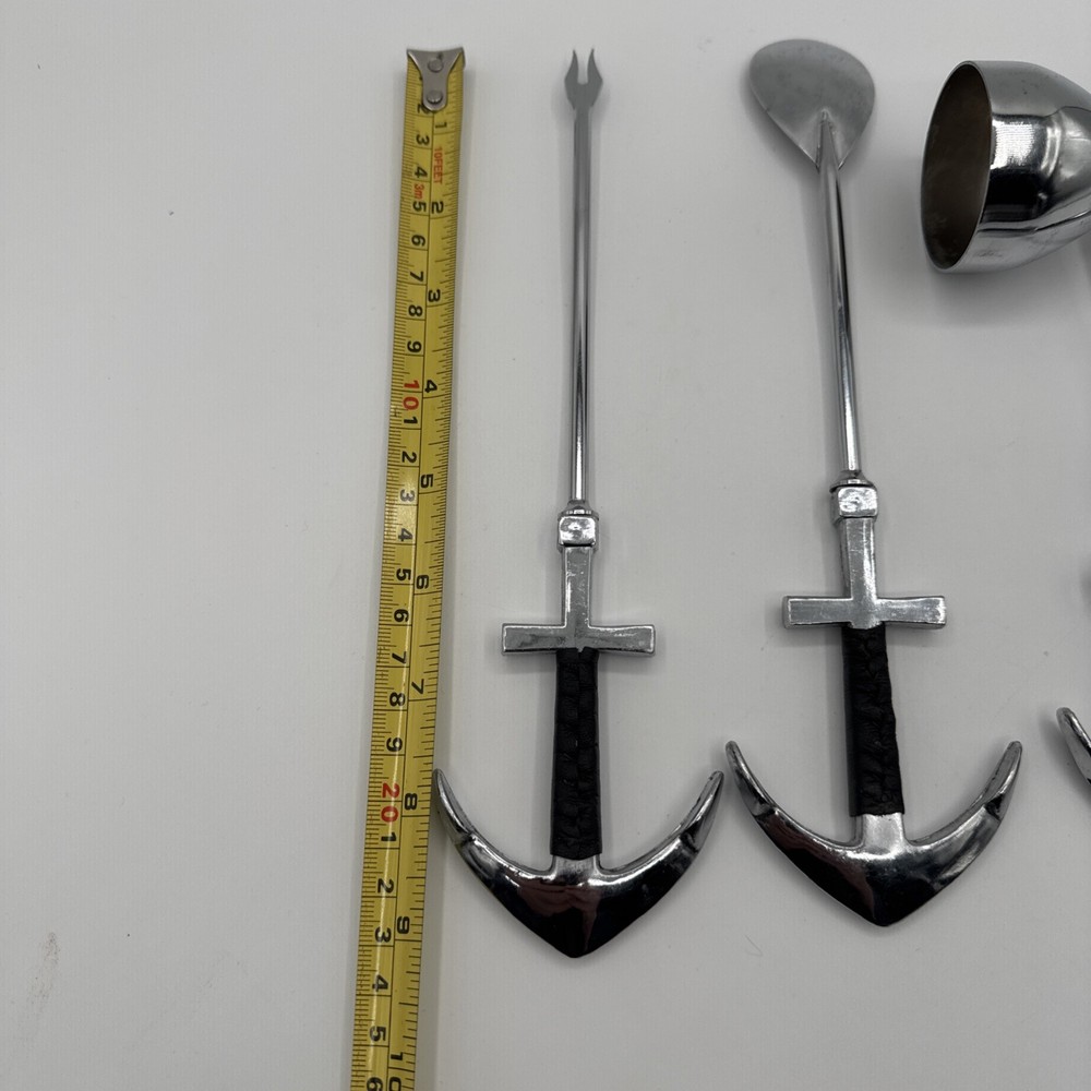 Vintage Nautical Anchor Handle Bar Tools Set Jigger Spoon Olive Fork Chrome