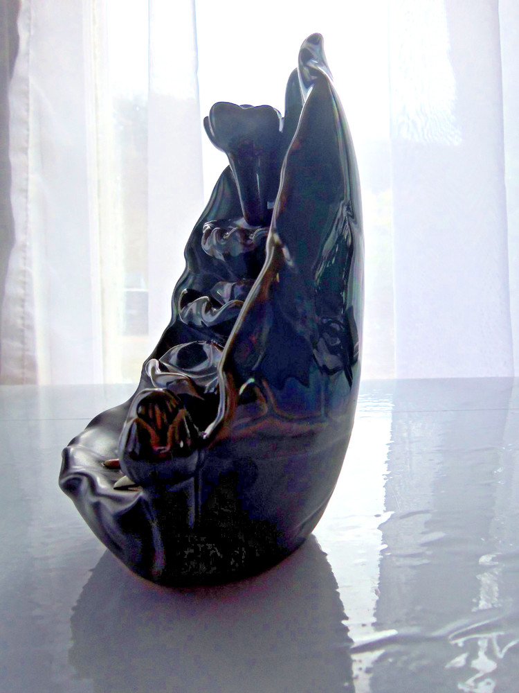 Ceramic Iridescent Green Waterfall Incense Burner W/ Koi Fish