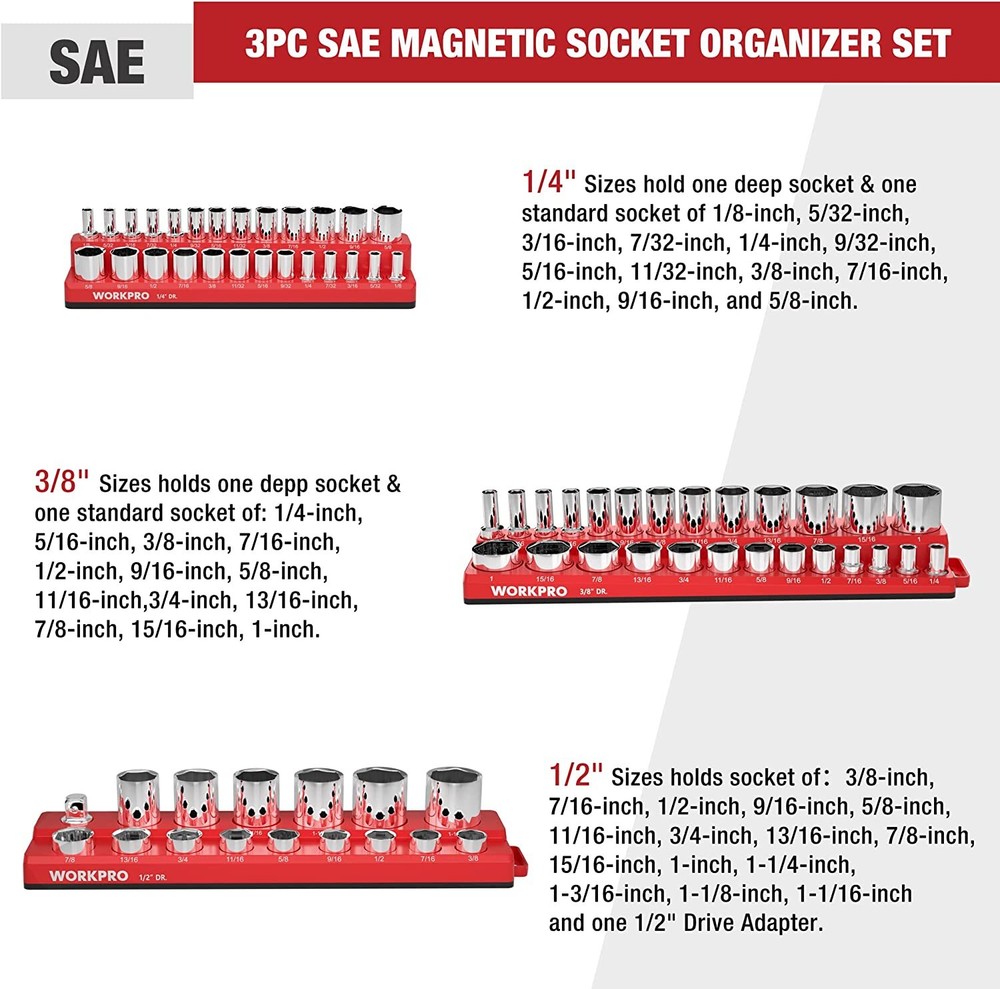 WORKPRO Magnetic Socket Organizer Set 1/4" 3/8" and 1/2" Drive SAE Socket Trays