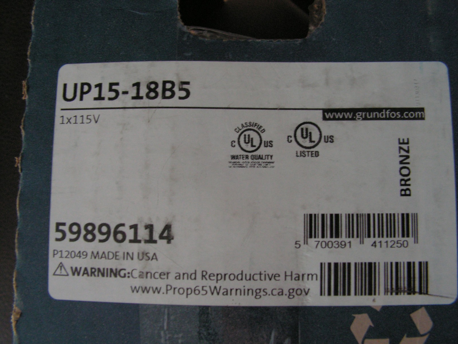 Grundfos UP15-18B5 (59896114) Pump 1/2" Sweat End Open System Circulator 1/25HP