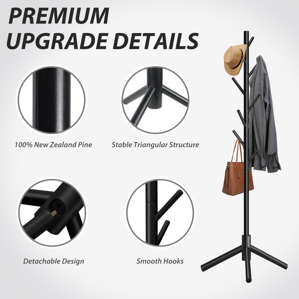 Durable Wooden Coat Rack, Freestanding Coat Rack with Stable Triangular Base,...