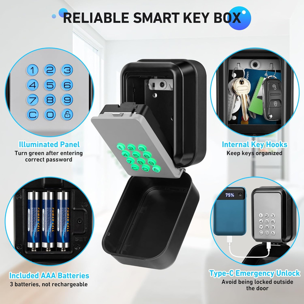 HUANLANG Smart Key Lock Box - Bluetooth Electronic Lock Box for Keys, Wall Mount