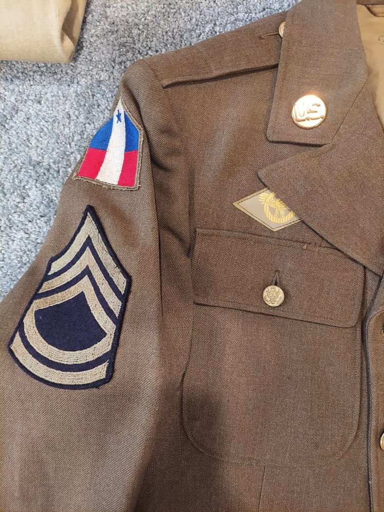 WWII Uniform Grouping - WW2 Sergeant Uniform Set - Jacket, Pants, Overcoat Etc