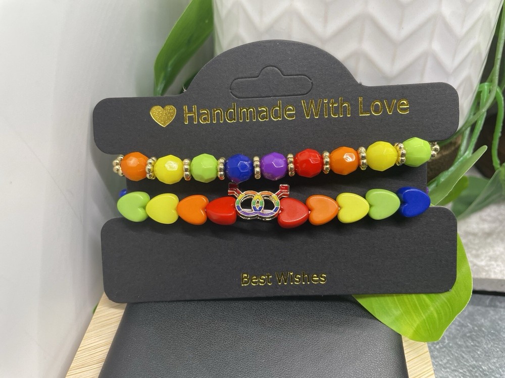 2 PC Handmade Rainbow Beaded Stackable 7” Plus Stretch Bracelet Set New B4857