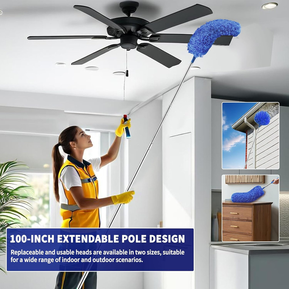 Cobweb Duster with Extension Pole, Washable Cleaning Duster Set with 2 Duster He