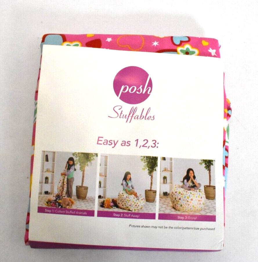 Posh Stuffables Kid Stuffed Animal Storage Bean Bag Chair Pink w/ Hearts & Stars