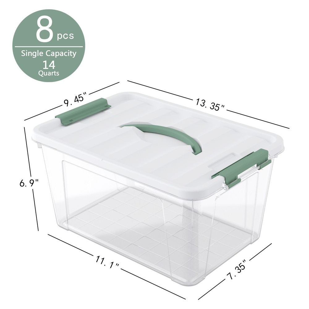 Kekow 14 Quart Latching Storage Box, Stackable Storage Bin with Lid, 8 Pack