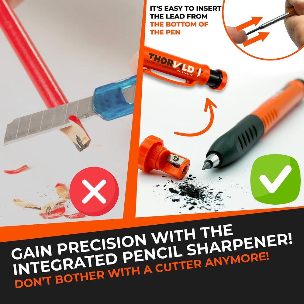 2 Carpenter Pencils Set for Construction - Incl. 38 Leads, Sharpene, Finger Grip