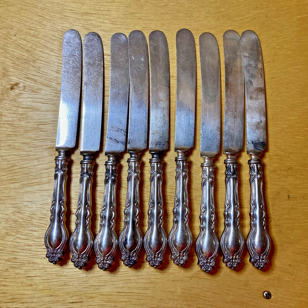 9 Holmes & Edwards Silverplate Dinner Knives Flatware Silverware Rare Antique