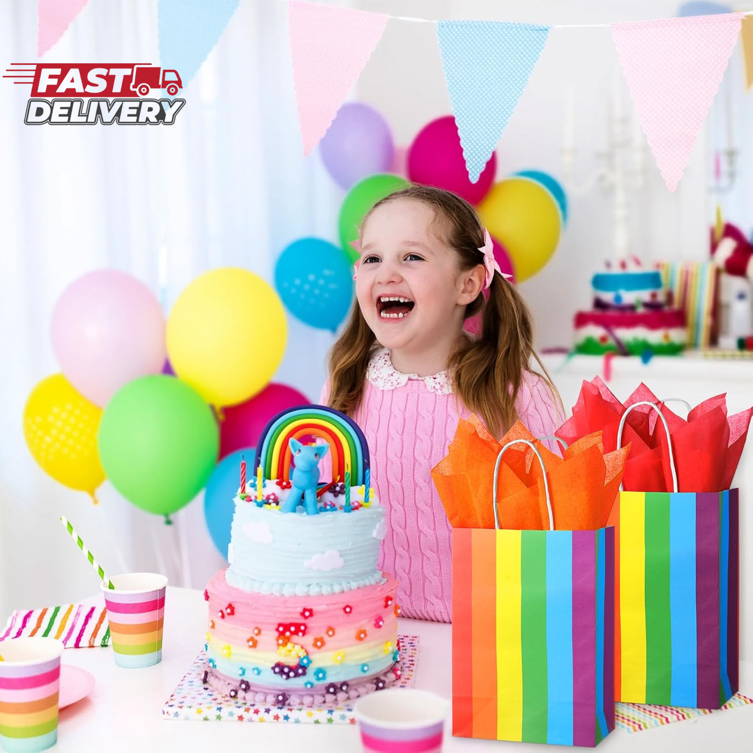 Taobary 36 Pcs Rainbow Party Treat Bags Rainbow Gift Bags Colorful Stripes Kraft