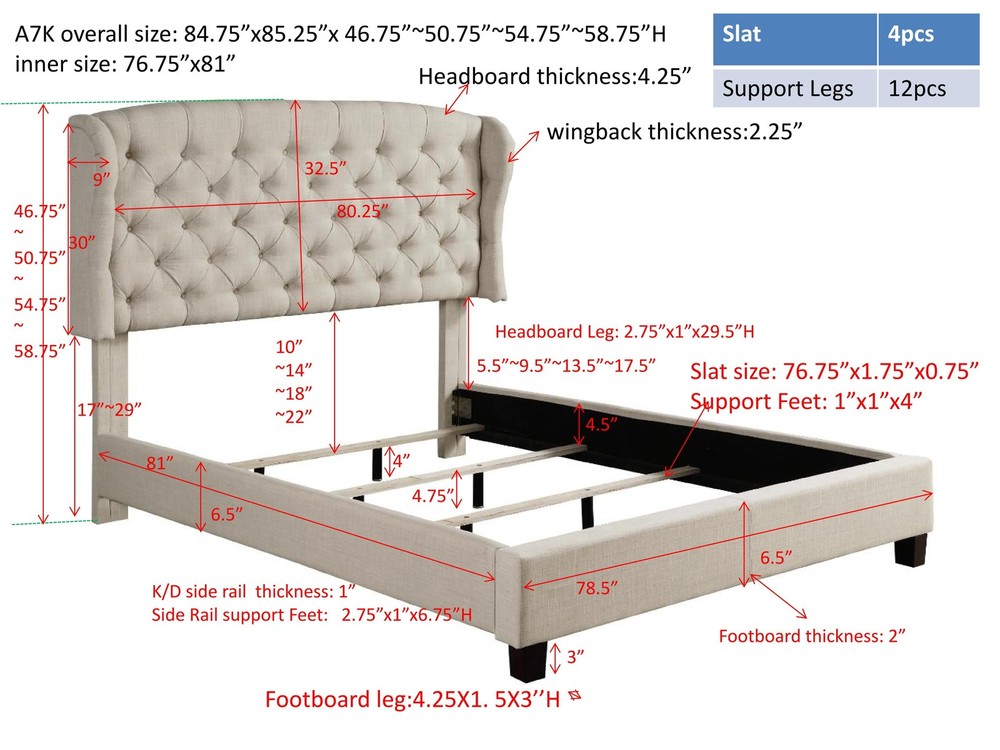 King Size Upholstered Platform Bed Frame W/ Adjustable Wingback Headboard Box