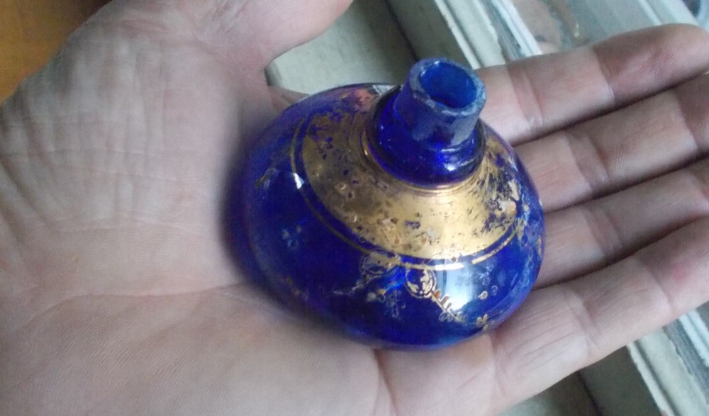 1890s COBALT HAND BLOWN RIBBED OPTIC PERFUME ATOMIZER BOTTLE GROUND SHEARED LIP