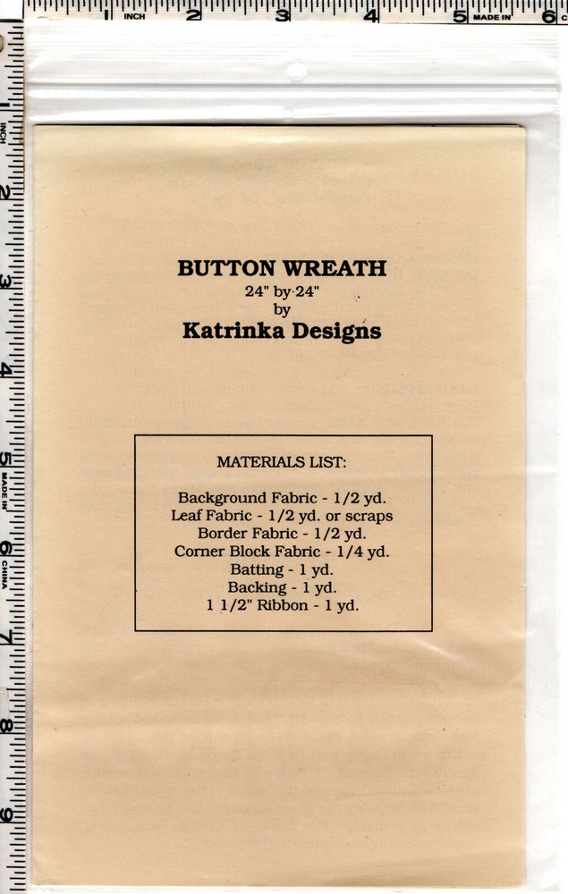 "Button Wreath" Katrinka Designs Quilting Sewing Applique Pattern 24"x24"