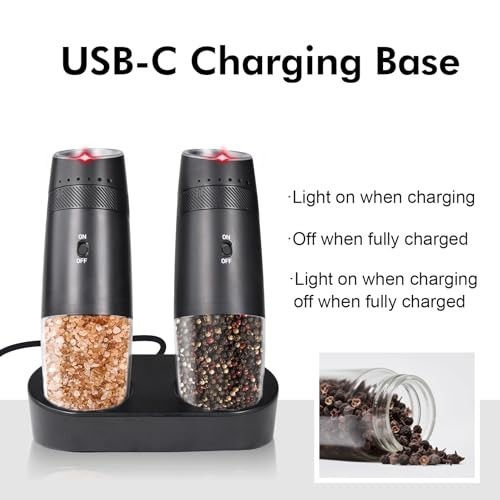 Electric Pepper & Salt Grinder Set - Automatic Adjustable Coarseness, Rechargeab