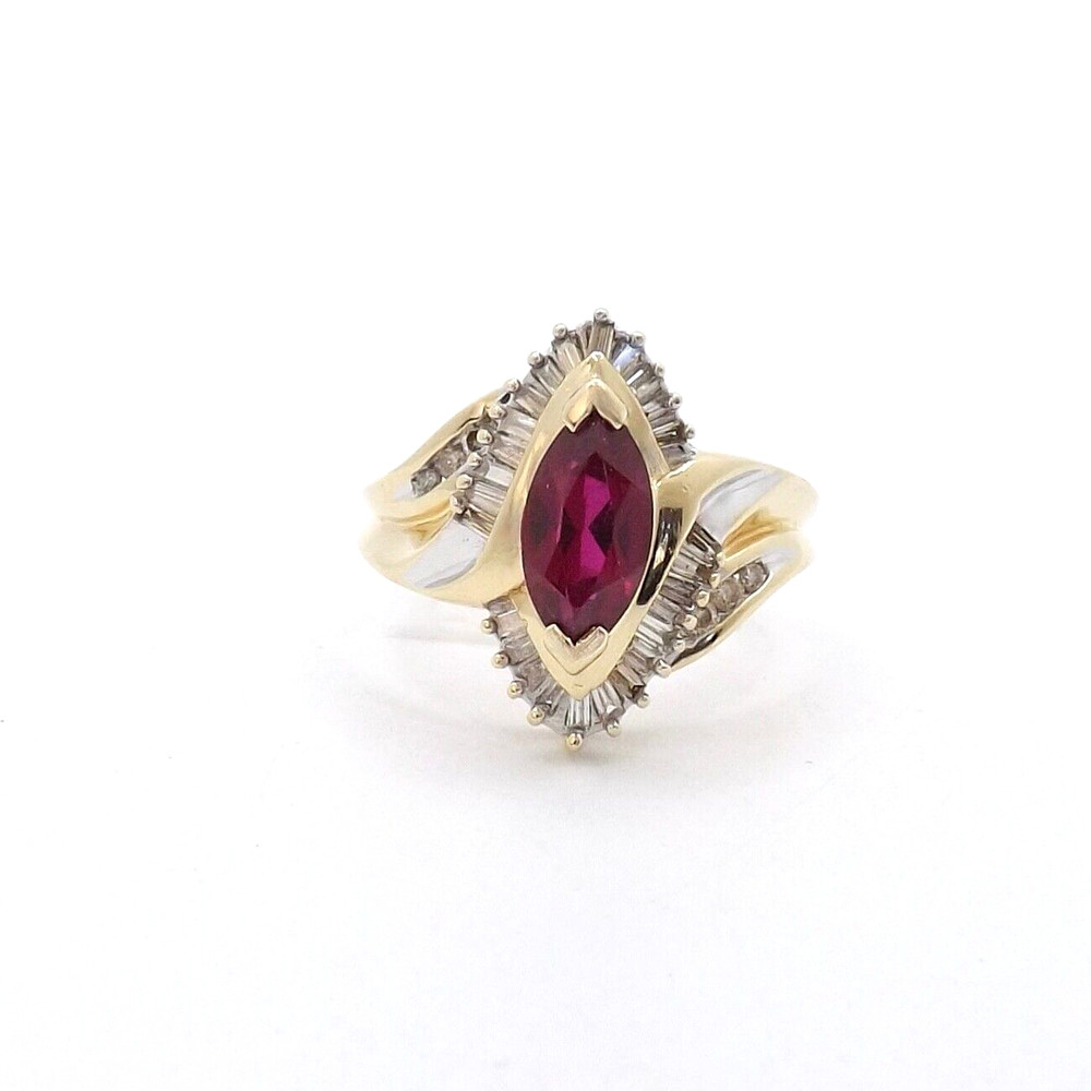14k Gold Lab Created Marquise Ruby Natural Diamond Ring Navette Setting
