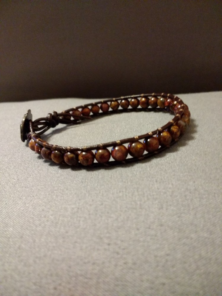 Beaded Leather Wrap Bracelet, Handmade Brown Jasper Beads
