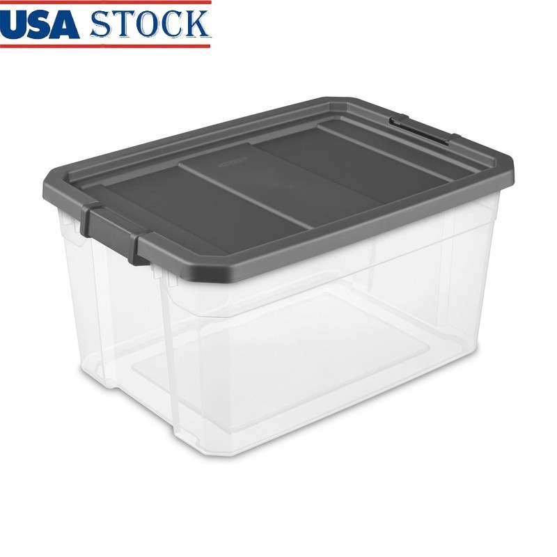 Durable 76 Quart Stackable Plastic Storage Bin W/ Latch Lid Garages Attics New
