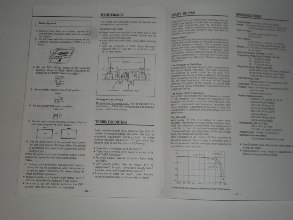 TEAC W-525R Owner's Manual & Specifications Double Auto Reverse Cassette Deck