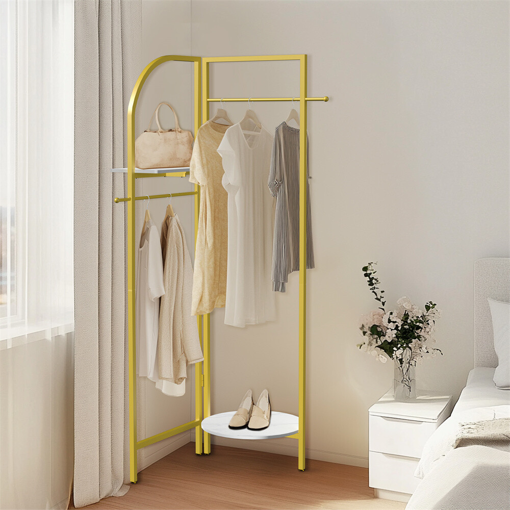 Corner Gold Metal Clothing Rack Freestanding Clothes Coat Rack 90-180° Unfolding