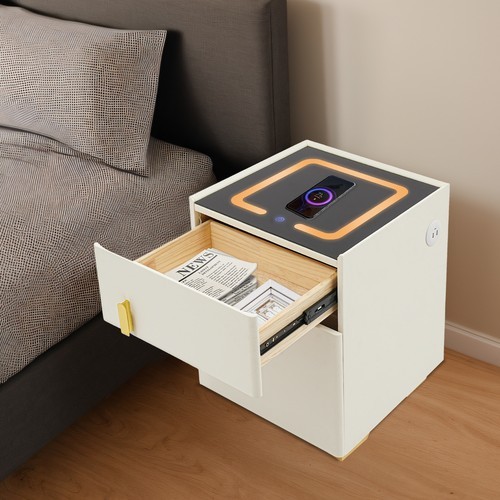 White Wireless Charging Bedside Cabinet w/Lock Bluetooth Speaker Bedside Table