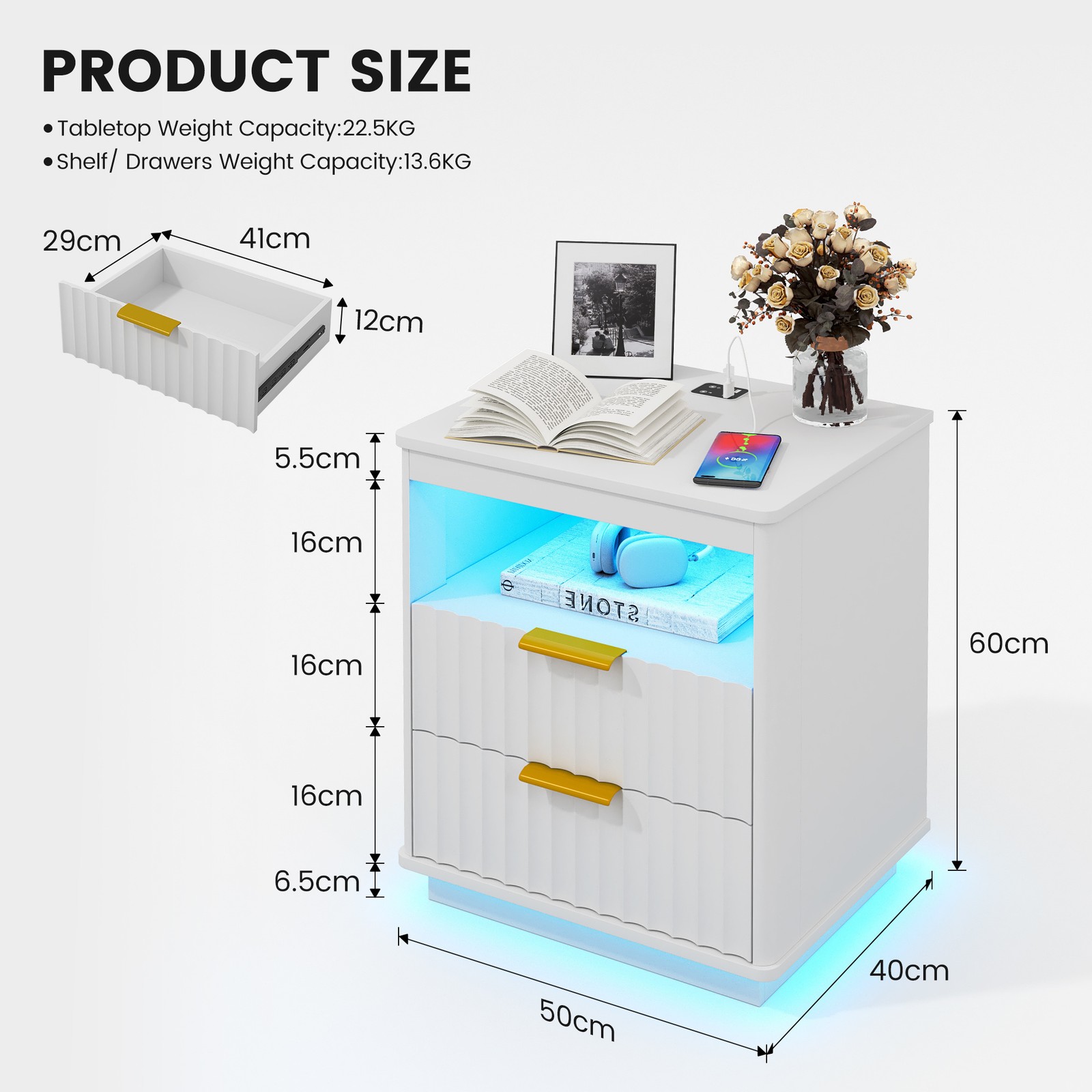 Gurexl Nightstand Set of 2 with Charging Station and 3-Color LED Lights , White