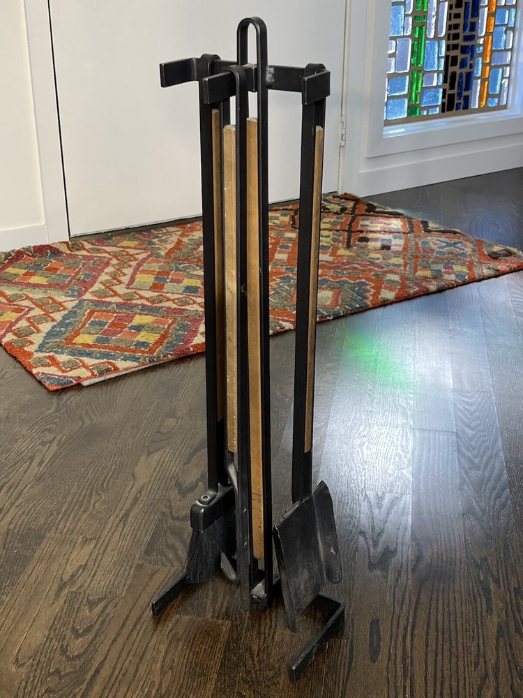 Mid Century Iron & Wood Fireplace Tool Set