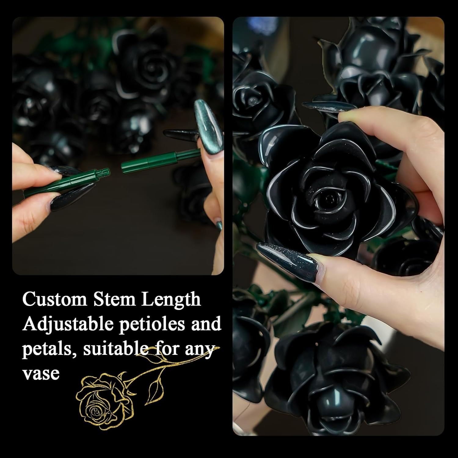 Black Roses Bouquet Building Set, 585 pcs, Gothic Home Decor, Adult