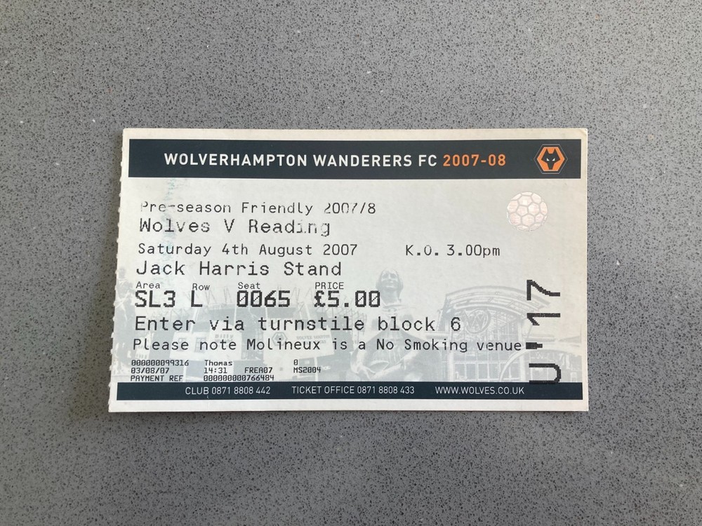 Wolverhampton Wanderers v Reading 2007-08 Match Ticket