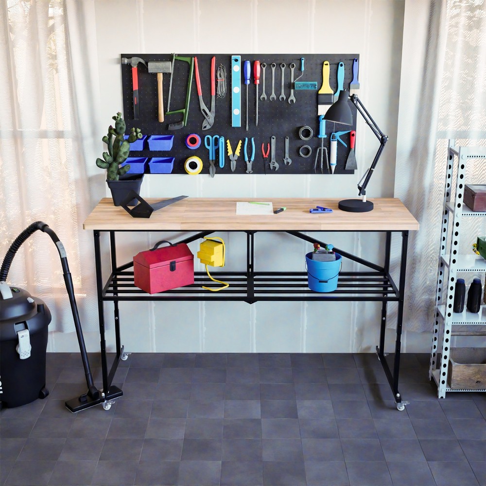 68.5" Foldable Hardwood Workbench Adjustable Solid Wood Top Workbench w/ Wheels