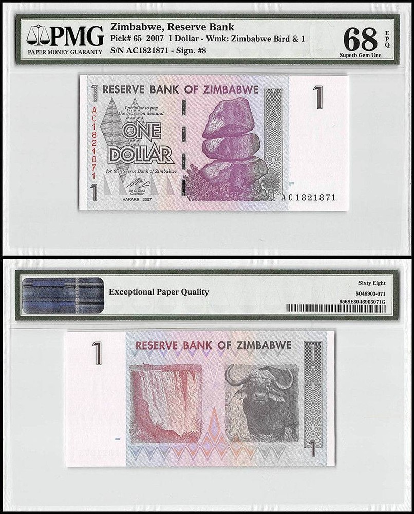 Zimbabwe 1 Dollar, 2007, P-65, PMG 68