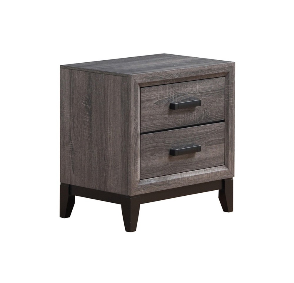 Grey Transitional Nightstand, 2 Drawers, Black Hardware, Solid Wood + MDF