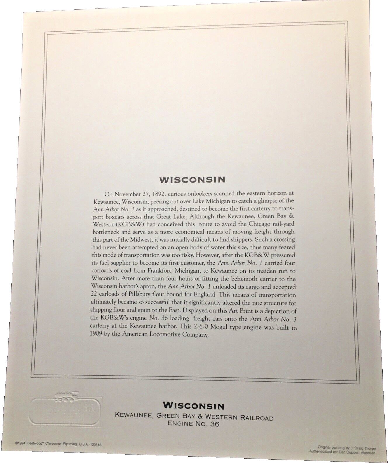 Vtg. WISCONSIN Kewaunee, Green Bay & Western Railroad Engine No. 36 Rare Print