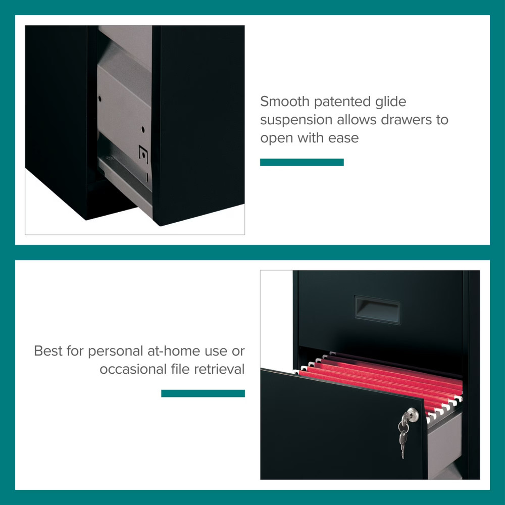 18" Deep 2 Drawer Letter Width Vertical File Cabinet, Secure Locking, Black