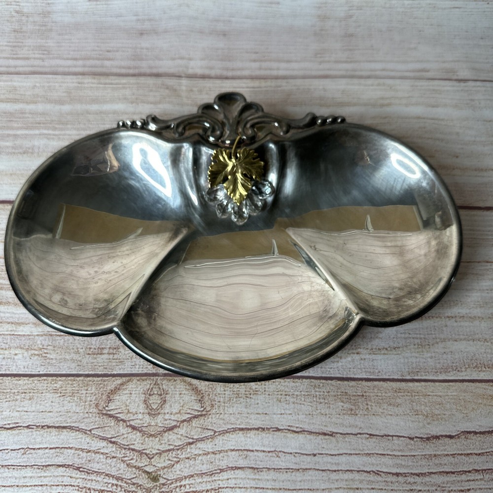 Vintage BO Italy Silverplate 3 Section Bonbon Dish Gold Leaf Crystal Grapes