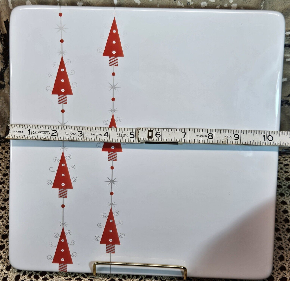 Ceramic Red & White Christmas Tree Trivet Serving Platter Square 10.5"